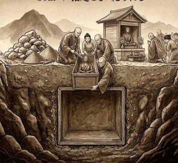 土の中から掘り起こされ祀られる即身仏のイメージ