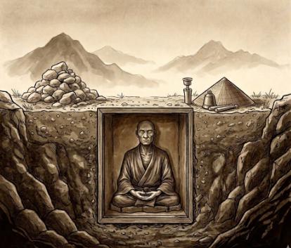 土中入定で使用される特別な木箱のイメージ