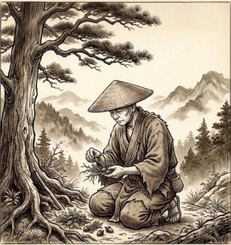 山中で木食修行を行う僧侶のイメージ